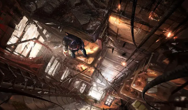 Uncharted 2 - artwork di Nathan Drake all'interno di un treno sul bordo di un dirupo