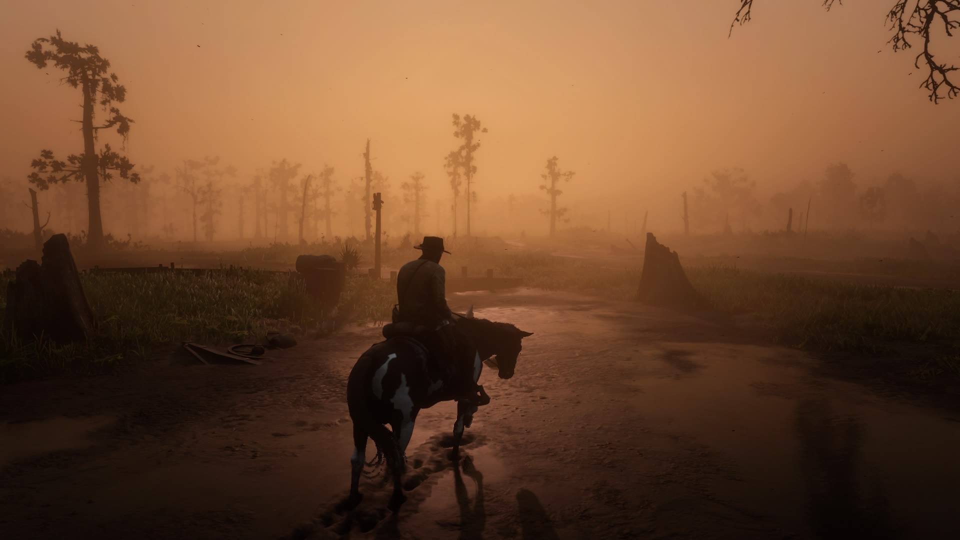 Red Dead Redemption 2 - Arthur a cavallo in una giornata nebbiosa