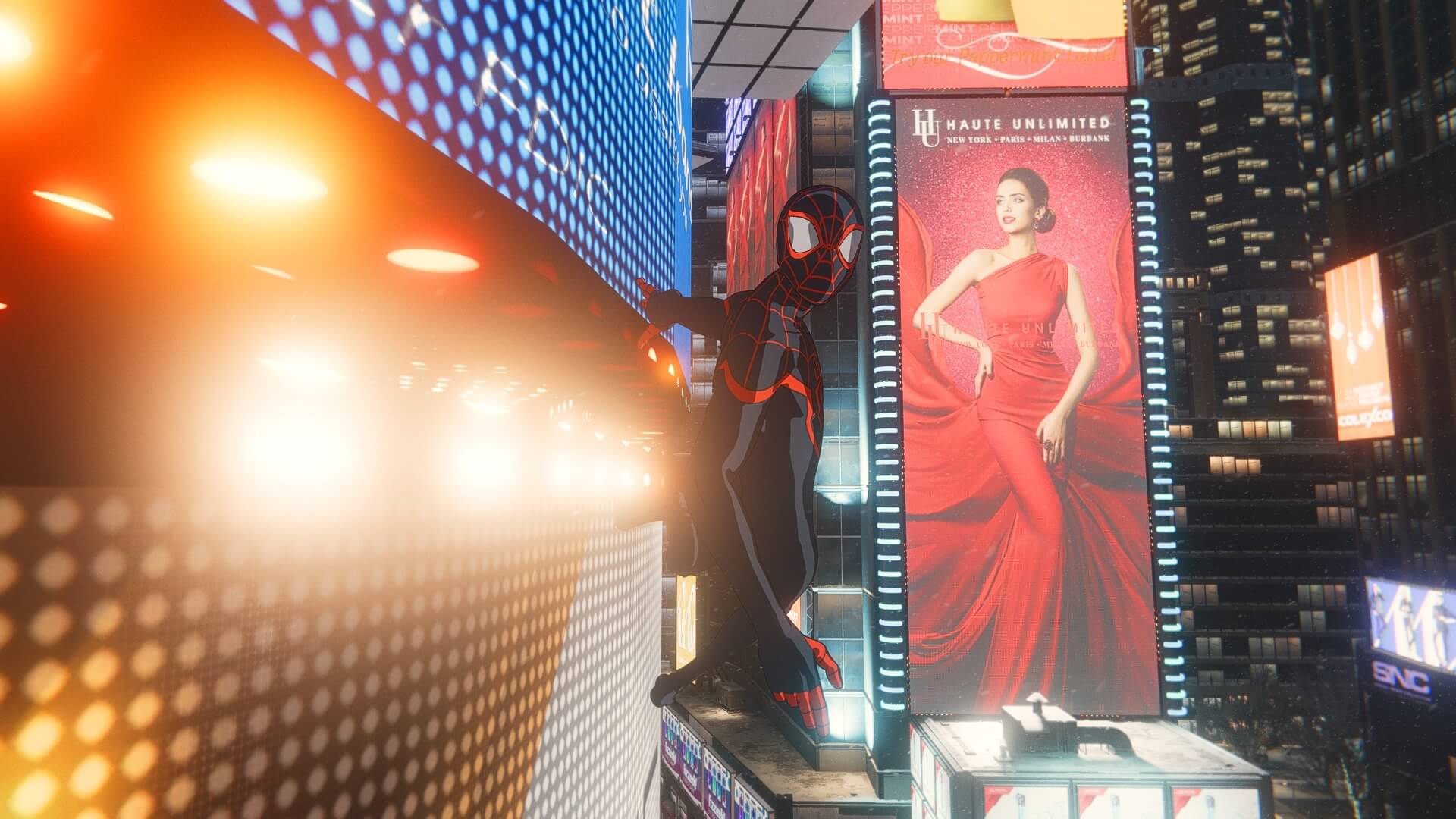 Marvel's Spider-Man: Miles Morales - Spider-man con costume dei fumetti appeso un maxischermo