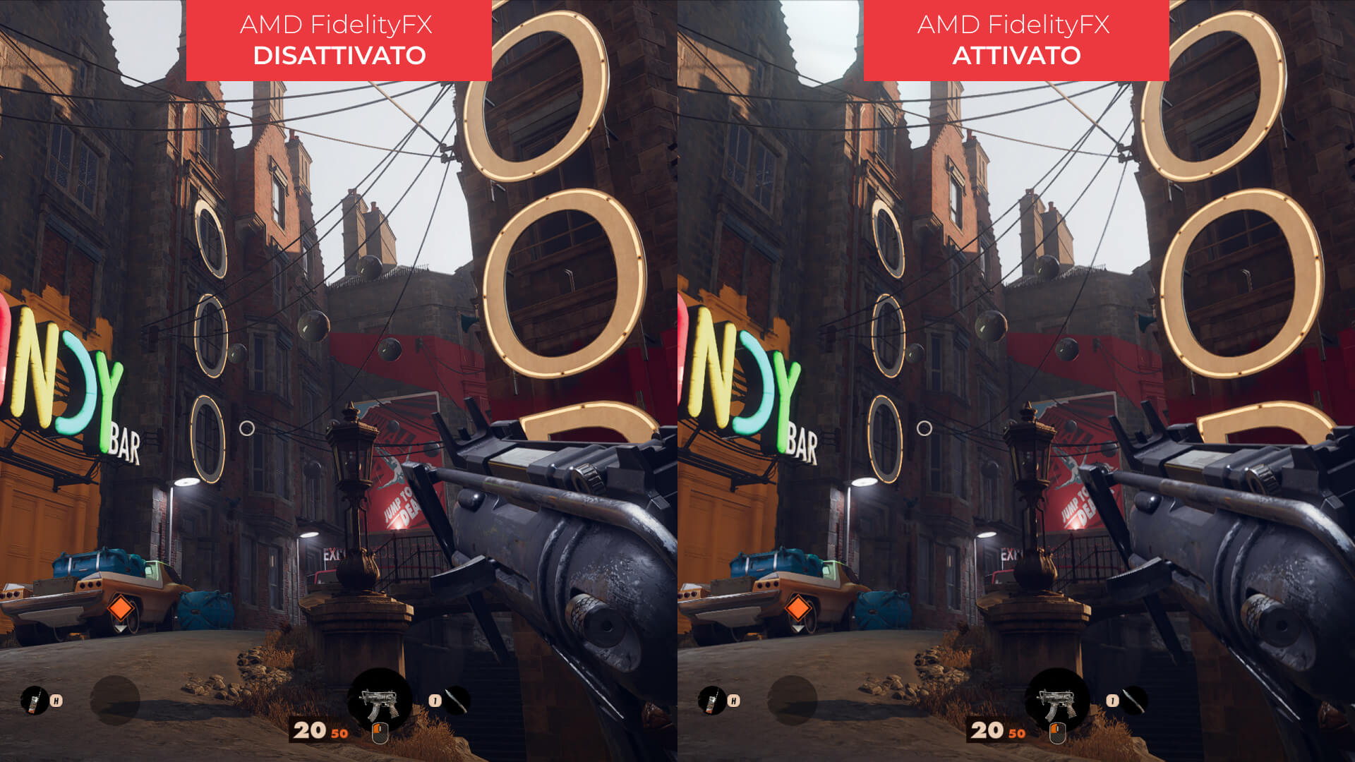 Deathloop - paragone tra AMD FidelityFX disattivato (a sinistra) e attivato (a destra)