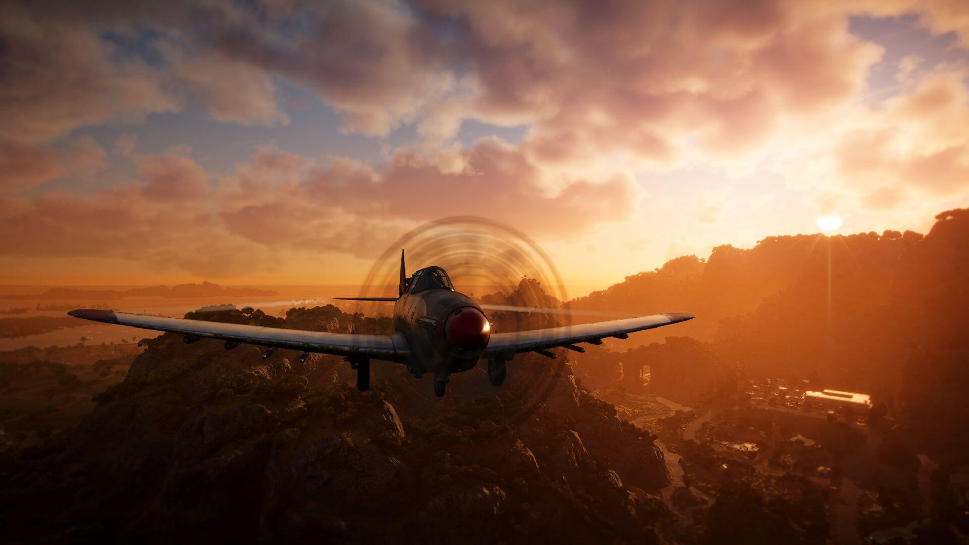 Far Cry 6 - aereoplano che vola al tramonto