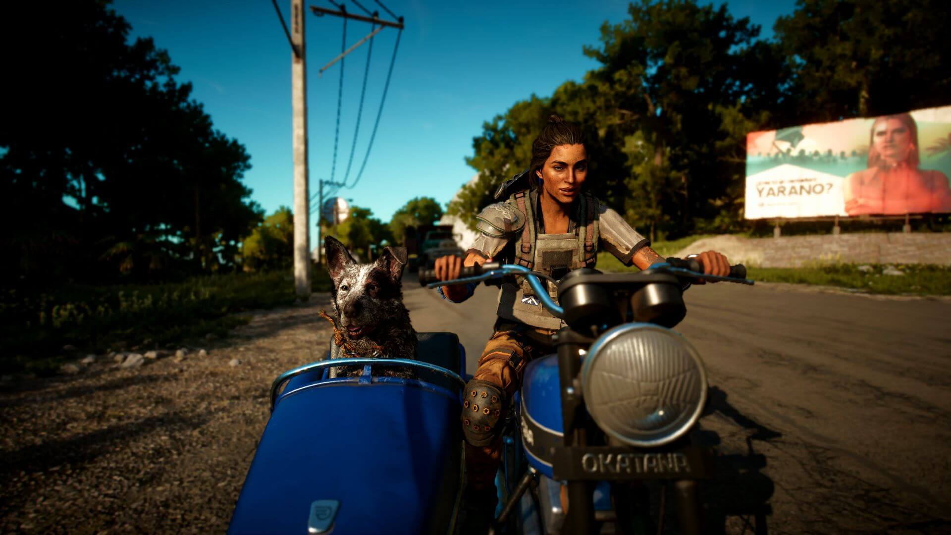 Far Cry 6 - Dani e Boom Boom (il cane) a bordo di un sidecar