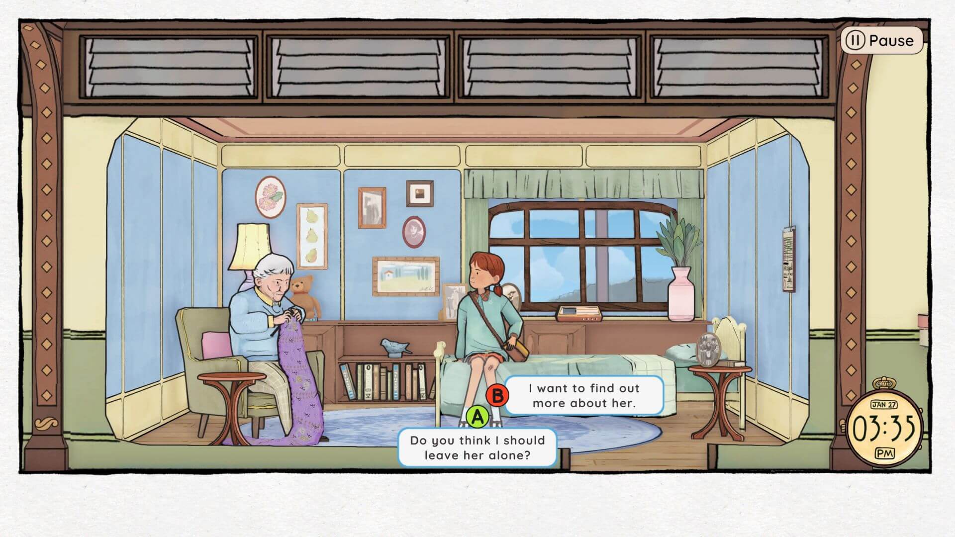 Wayward Strand - Cassie parla con una simpatica anziana. Si vede il sistema a risposta multipla