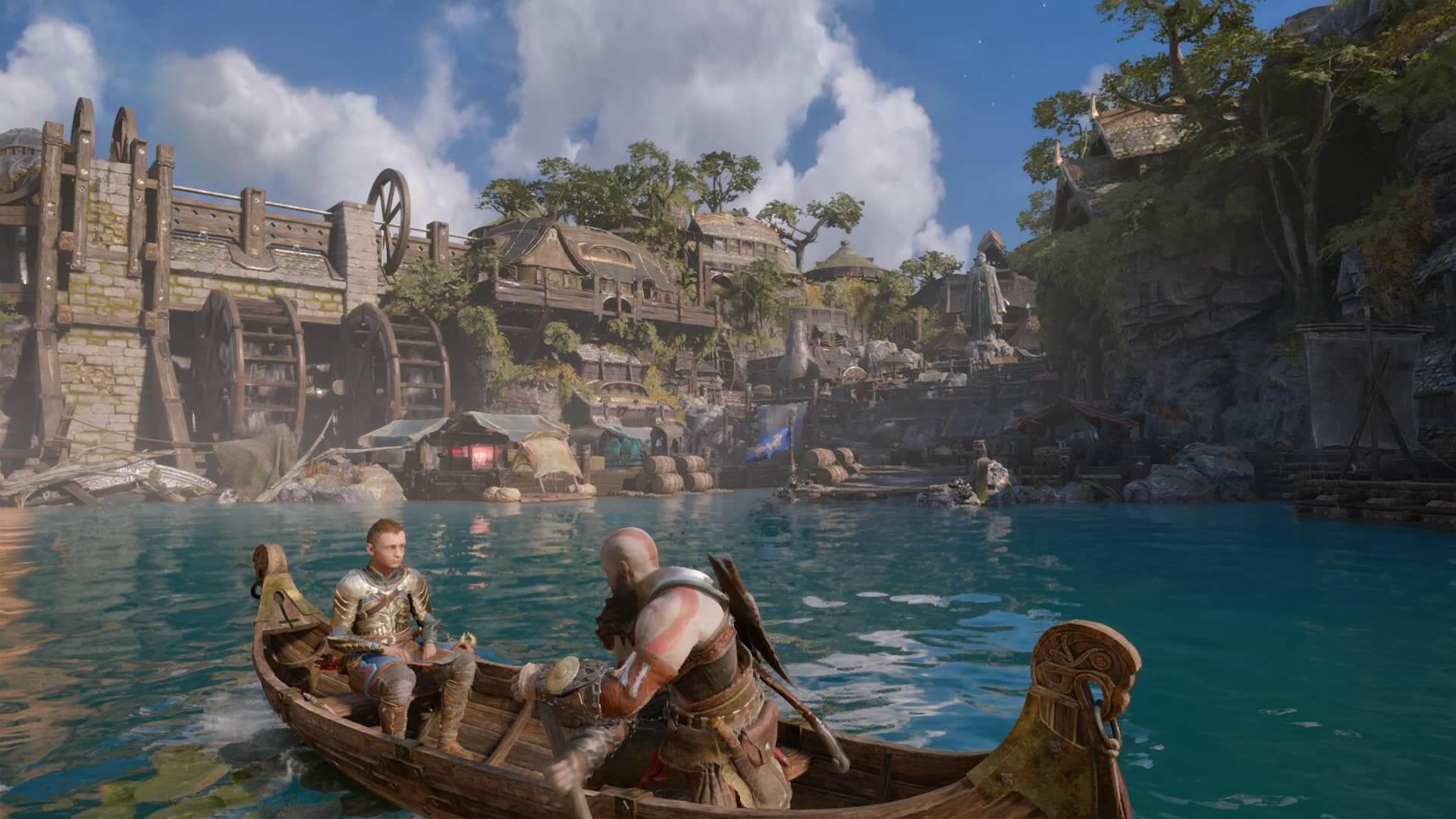 God of War: Ragnarök - Kratos e Atreus in barca nel regno dei nani Nidavellir