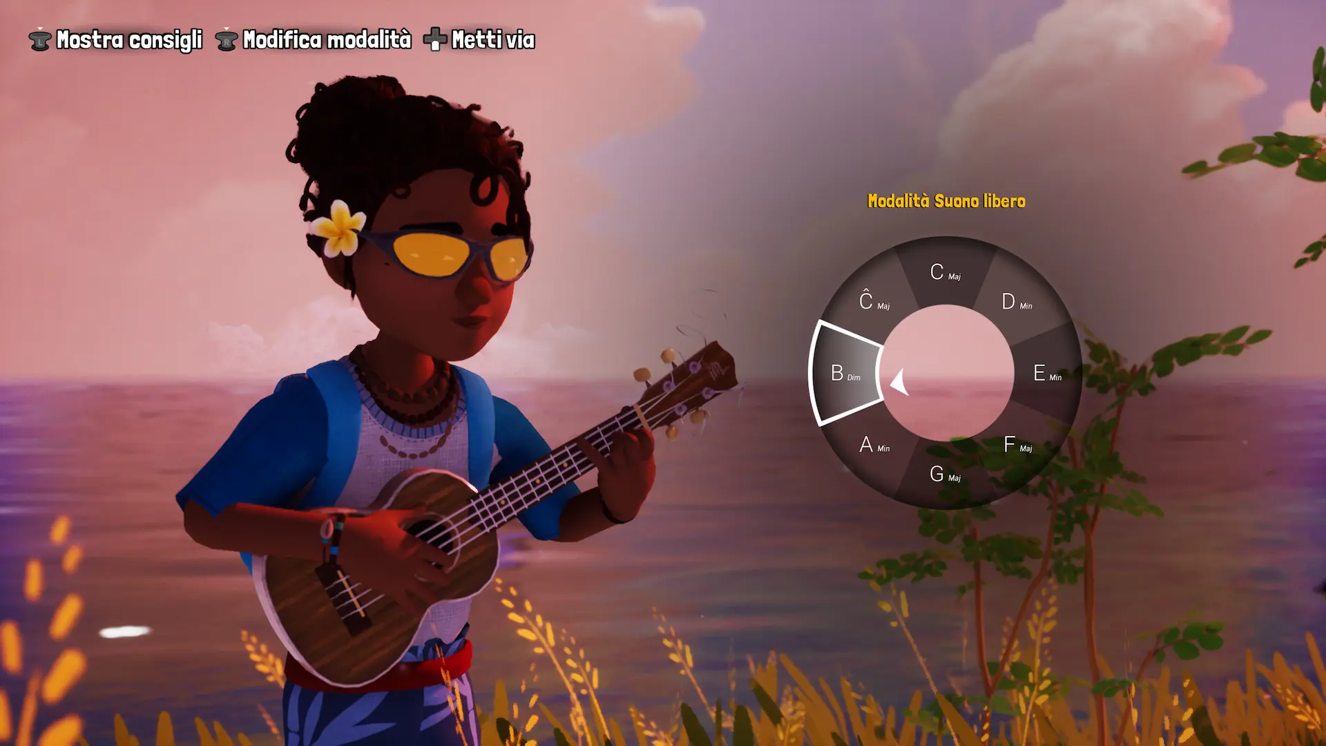 Tchia - la schermata di gioco per suonare l'ukulele