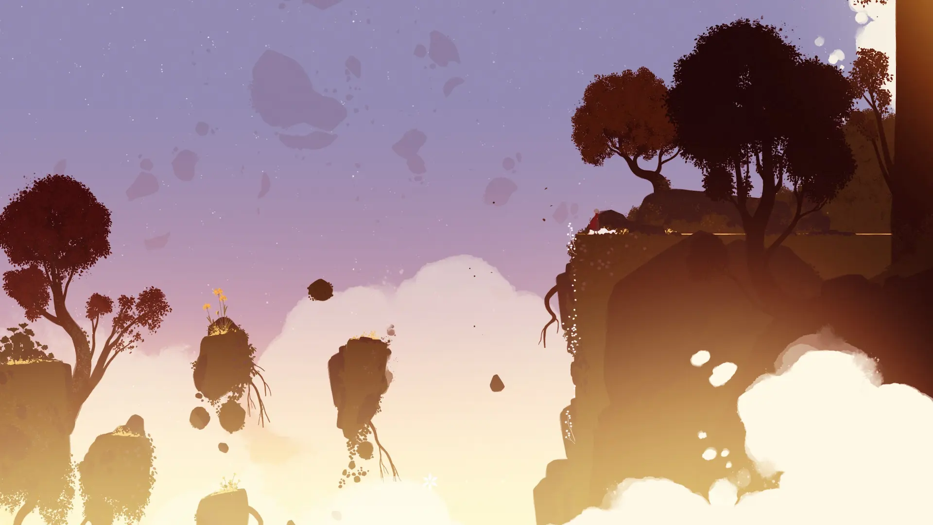 Neva - silhouette di isole fluttuanti con luce giallo e viola sullo sfondo.