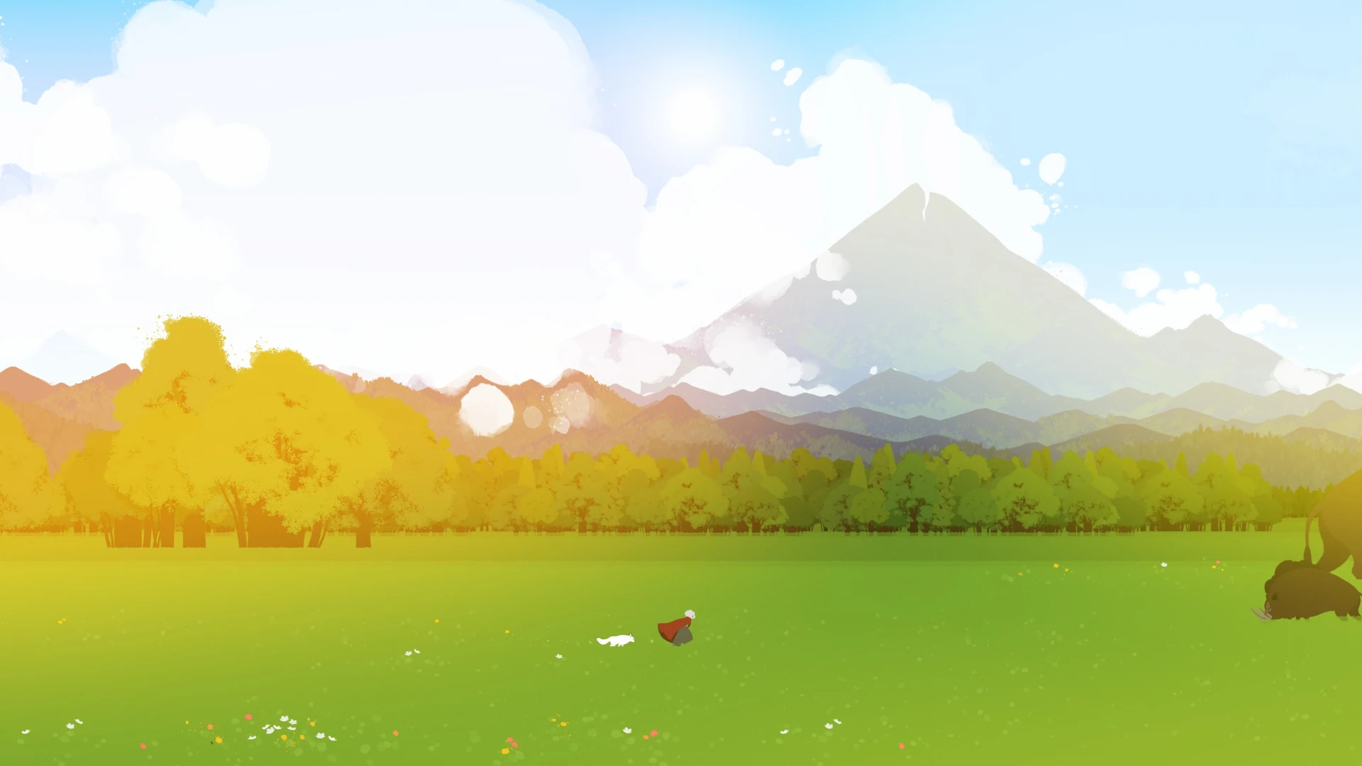 Neva - Neva e Alba corrano sul prato in un giorno estivo, un bosco e montagne sullo sfondo.