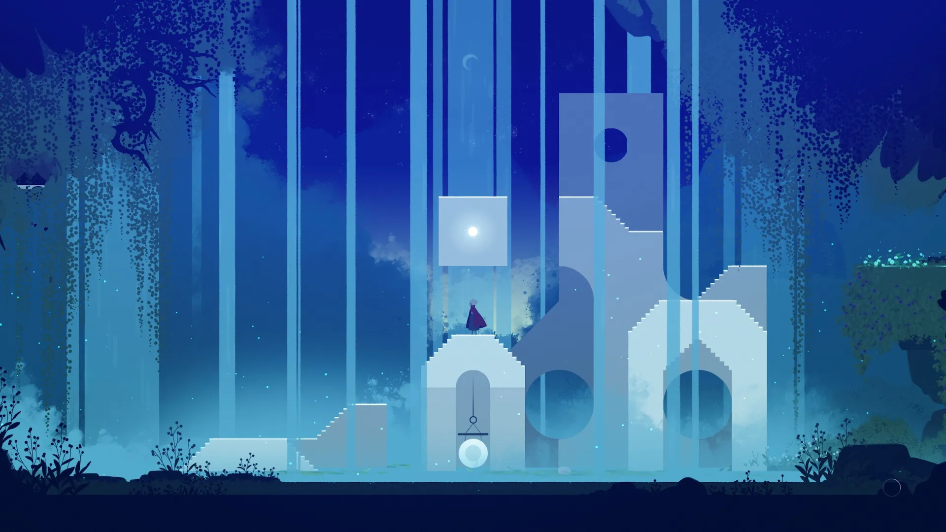 Neva - Alba sopra una struttura bianca, l'acqua di molteplici cascata le arrivano dall'alto; lo sfondo è di tinte blu.