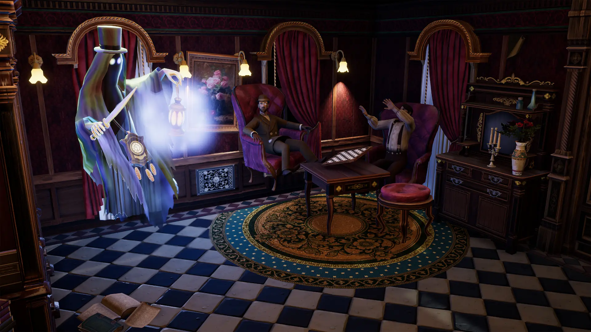 Ghost Keeper - un fantasma spaventa due umani seduti su delle poltrone