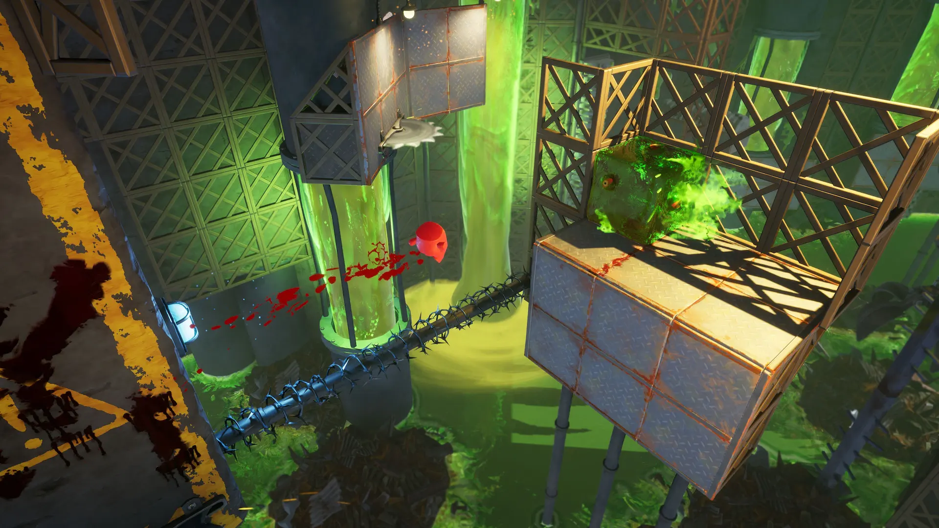 Super Meat Boy 3D - seconda zona nel sottosuolo con melme verde pieno di acido