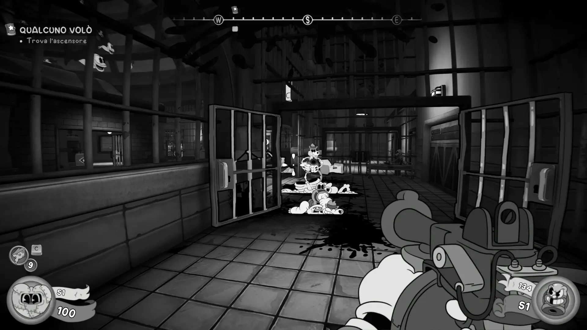 Mouse P.I. For Hire - sparatutto in prima persona con grafica cartoon anni 30, fucile mitragliatore stile Thompson che spara a un poliziotto scheletro