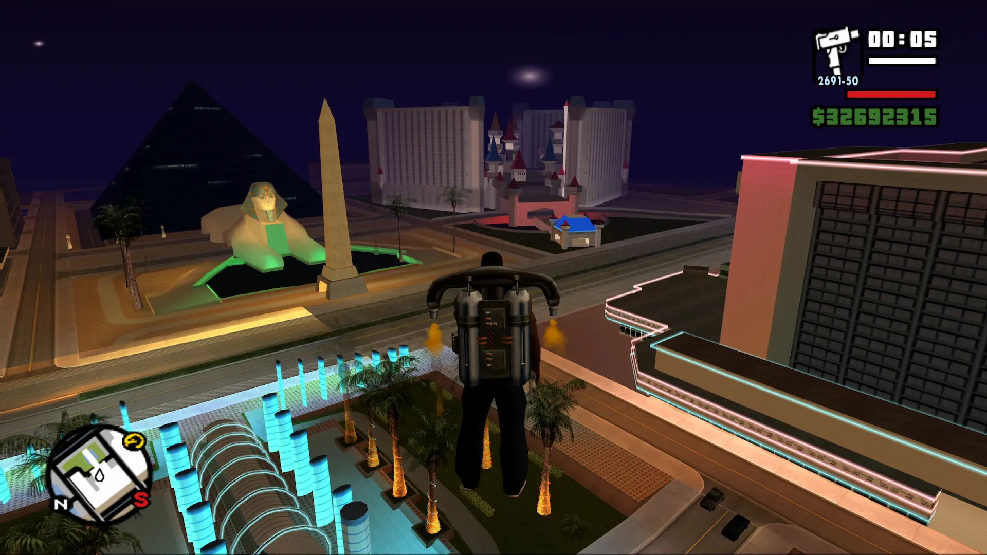 GTA: San Andreas - CJ vola con un jetpack a Las Venturas