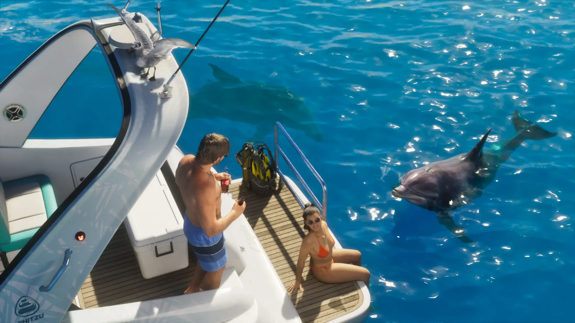 GTA VI - Jason e Lucia a bordo di una barca vicino a un delfino